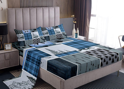 Rustic Farmhouse Sheet Set Queen, Retro Cabin Lodge Fitted Sheet Country Bear Deer Bed Sheets For Kids Teens Adult Men, Hunting Wild Animal Plaid Checkered Flat Sheet 4Pcs With 2 Pillow Cases,Blue