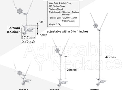 YAFEINI Hummingbird Necklace Sterling Silver Adjustable Lariat Y Hummingbird Necklace Hummingbird Pendant Jewelry for Women Gifts