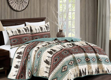 Jaba/WPM Western Teal/Beige/Burgundy Cowboy Desert Southwestern Print Bedspread 3 Piece west Theme Cabin Lodge Ranch Design Coverlet Quilt Set-Kadence 22366 (Queen), Teal, Beige, Taupe Burgundy