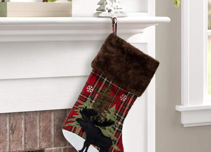 GMOEGEFT Christmas Stocking, Farmhouse Red and Black Buffalo Plaid Black Moose Embroidered Xmas Stocking, Christmas Party Decorations Fireplace Hanging Ornaments