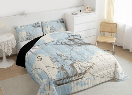 Erosebridal Nautical Comforter Set King, Vinatge Sailboat Bedding Set Room Decor, White Blue World Map Sketch Down Comforter, Retro Anchor Compass Quilt Set, Yacht Ship Bedding Comforter Sets, 3Pcs
