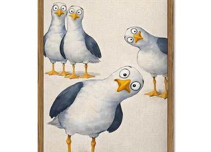 Funny Seagull Nursery Wall Art, Cute Bird Kids Room Wall Decor Painting Whimsical Coastal Animal Poster Canvas Prints Picture for Bedroom Living Room Bathroom 12x16 inch Wood Framed