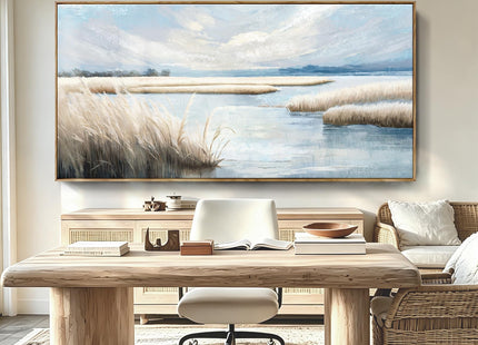 amatop Large Wall Art - Oversized Framed 58x29, Ocean Marsh Landscape Canvas Print, Horizontal Calm Coastal Nature Artwork for Bedroom Living Room Office, Neutral Farmhouse Boho Coastal Decor