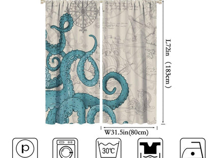 SHElifestyle Blue Nautical Octopus Curtains, Ocean Kraken Anchor Beach Window Treatments Vintage Coastal Map Pirate Ship Window Drapes for Bedroom Living Room Kitchen 63x72in