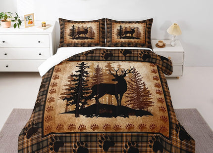 Castle Fairy Deer Bear Plaid Comforter Set Twin Size,Animal Hunting Bear Print Bedding Set for Kids Boys Men,Pine Trees Rustic Retro Grid Quilted Duvet Set with 1 Pillowcase