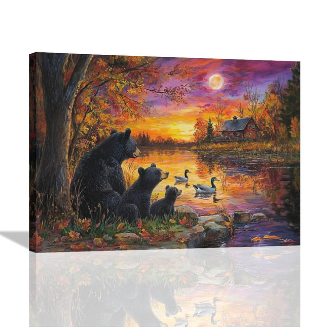 Cabin Bear Wall Art Fall Bears Pictures Wall Decor Farmhouse Animals Lake Canvas Prints Painting Framed Artwork Decoration for Bathroom Bedroom Living Room Dining Room 16"x12"