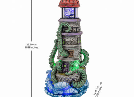 FG Square Lighthouse Attack Kraken Theme Spooky Halloween Village Multi-Color LED Lights, Animated Rotating Food Light and Music 6" x 5.5" x 12"