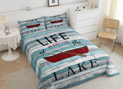 Lake House Comforter Set Twin, Paddle Boat Bedding for Kids Girls Lake Lovers, Rustic Farmhouse Style Down Comforter, Retro Wooden Board Duvet Insert, Home Decor, Dark Red Blue