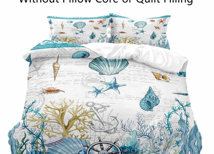 LUVIVIHOME 3PCS Nautical Coastal Bedding Set, White Duvet Cover King, Teal Blue Starfish Seashell Conch Coral Seaweed Anchor Rudder Ocean Sea Marine Summer Beach Comforter Quilt Cover, 2 Pillow Cases
