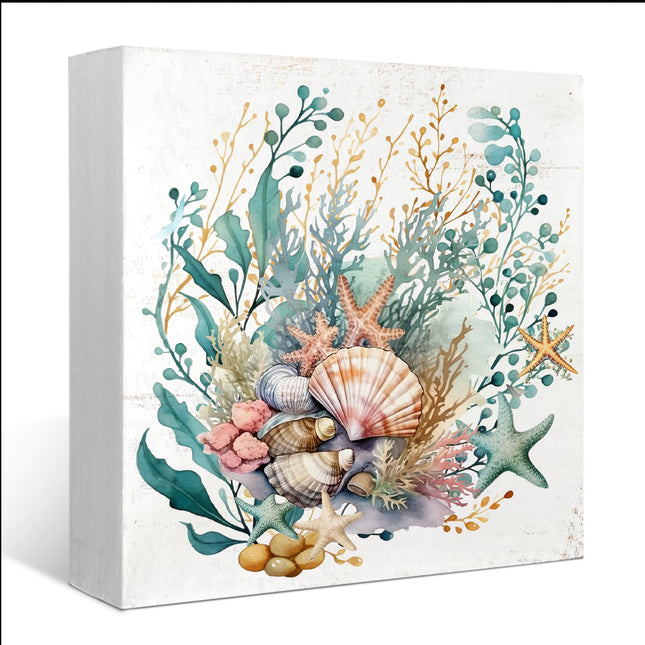 Mtrgdn Seashell Decor,Coastal Beach Bathroom Decor Wall,Beachy Ocean Room Seashell Wooden Box Sign Decorations,Coastal Bedroom Living Room Beach House Decorations,5x5 Inch