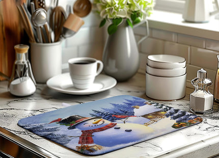 Winter Snowman Dish Drying Mat for Kitchen Counter 16x18 Snow Cardinals Pine Tree Christmas Drying Mats Microfiber Absorbent Dishes Pad Dish Drainer Rack Mats for Coffee Bar Sinks Kitchen Accessories
