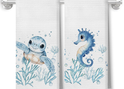 XUNLURY Sea Turtle Horse Coastal Kitchen Towels, Beach Nautical Hand Towels for Bathroom, Ocean Animal Decorative Dish Tea Towels for Kitchen, Under The Sea Bathroom Decor, 16x24 Inch Set of 2