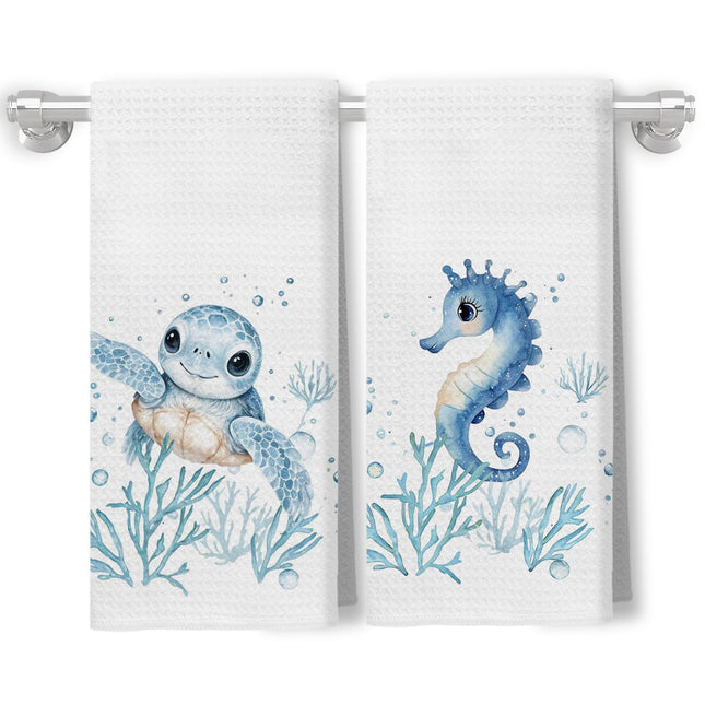 XUNLURY Sea Turtle Horse Coastal Kitchen Towels, Beach Nautical Hand Towels for Bathroom, Ocean Animal Decorative Dish Tea Towels for Kitchen, Under The Sea Bathroom Decor, 16x24 Inch Set of 2