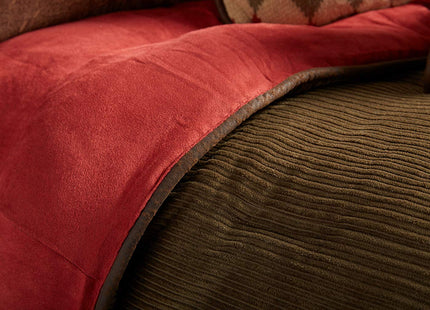 HiEnd Accents Wilderness Ridge 5-PC Rustic Lodge Corduroy Stripe Bedding Set (Olive, Brown & Red), Twin