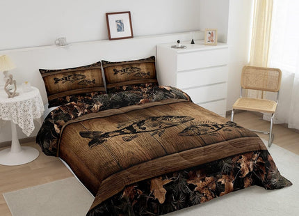 Erosebridal Camo Bass Fish Bedding Comforter Sets Fishing Bass Big Fish Bedding Set Queen Rustic Farmhouse Lake House Comforter Set for Boys Men Fisherman,Retro Tree Camouflage Cabin Quilt Set