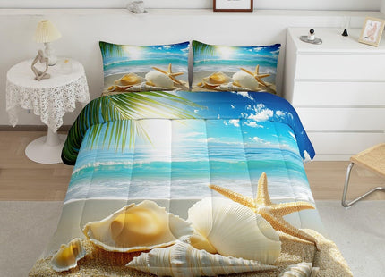 Erosebridal Beach Themed Comforter Sets Full,Blue Ocean Bedding Set Seashell Starfish Printed Bedding Beach Coastal Decor Quilt 1 Comforter + 2 Pillowcase for Kids Teens Adults,Soft Lightweight