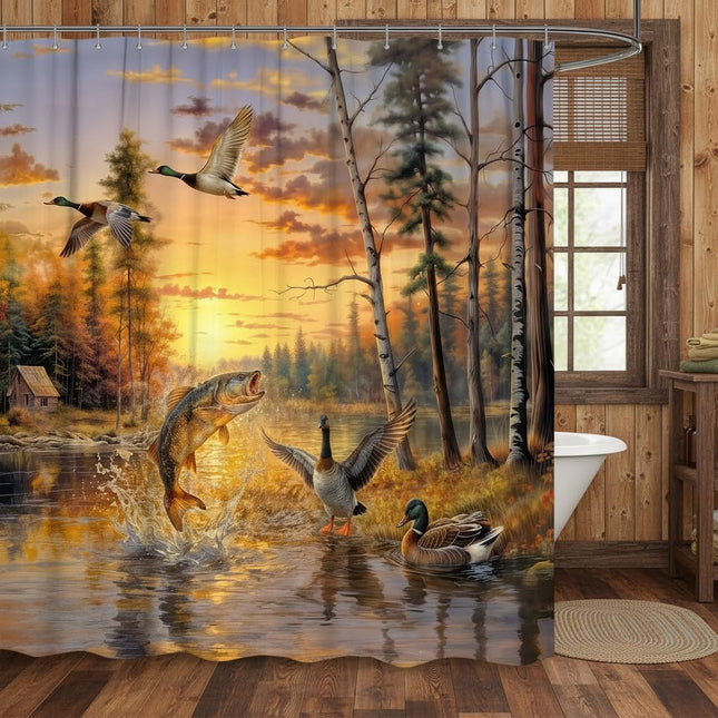 DYNH Wild Ducks Shower Curtain,Pine Forest Fish Flying Country Lodge Bathroom Decor,Wild Animal Stream Lake Cabin Sunset RV Bath Curtains with Hooks,69X70 in