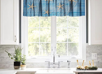 JanJCurt Starfish Seashells Window Valance, Ocean Nautical Rustic Retro Blue Wooden Board Starfish Fishing Net Blackout Valance Curtain for Living Room Kitchen Cafe, 54x18in