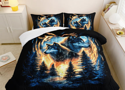 lneffble Moon Wolf Comforter Set Twin for Teen Boys Girls,Howling Wolves Comforter Forest Eagle Bed Set,Wild Animals Bedding Set for Kids Bedroom Decor,All Seasons