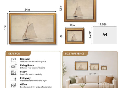 White Sailboat Seascape Vintage Gold Framed Wall Art 8x10 inch