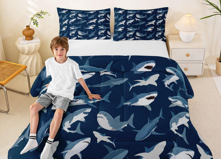 Boys Shark Bedding Set Ocean Sealife Comforter Set for Kids Youth Teens,Under Sea Marine Life Duvet Insert,Underwater World Creature Bed Quilt,Nautical Sea Animal Bedroom Decor Full Size Navy Blue