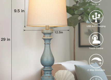 Cinkeda 29" Tall Coastal Lamp,Retro-Blue Vintage Bedside Nightstand Lamps with USB Charging Ports A/C,3-Way Dimmable Touch Control Table Lamps for Bedroom Living Room,Single Blue