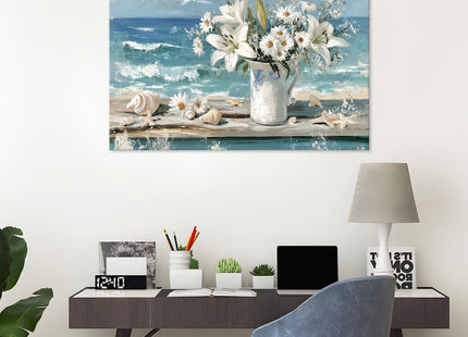 Blue Ocean Beach Bathroom Decor Wall Art, Starfish with White Flower Picture Canvas Prints Modern Coastal Seascape Painting Framed Seaside Seashell Floral Artwork for Beachy Home Decoration 12x18inch