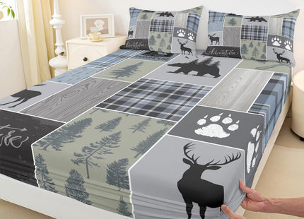 Rustic Patchwork Fitted Sheet, Checkered Buffalo Plaid Bedding Set for Kids Teens Adult, Woodland Wildlife Bear Moose Elk Pine Trees Pattern Printed Bed Sheets Farmhouse Decorations, Twin Size