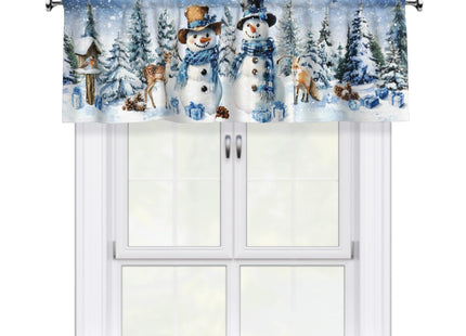 Evlaschin Blue Snowman Window Valance, Winter Trees Deer Fox Short Kitchen Valances Drapes, Xmas Snowflake Seasonal Rod Pocket Curtain Valance for Bathroom Dining Room, 54x18Inch, 1 Panel