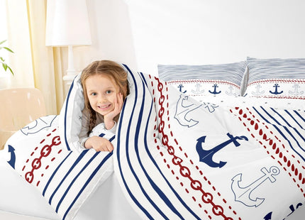 Boys Geometric Striped Bedding Set Navy Blue Anchor Comforter Set Twin Size Nautical Themed Quilted Duvet 2pcs for Kids Teens Men Adults Room Decor Sea Adventure Duvet Insert White,1 Pillowcase