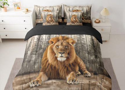Erosebridal 3D Lion Bed in A Bag 7 Pcs Wildlife Hunting Theme Comforter Set for Kids Teens Forest Pine Tree Bedding Sets Queen Country Woodland Animal Sheet Set with Comforter
