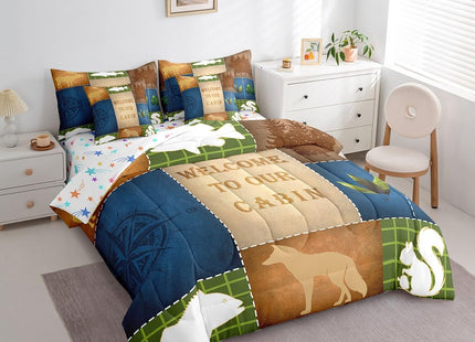 Feelyou Vinatge Bear Comforter Set with Sheets Full Size 7 Piece Kids Deer Hunting Bedding Set for Boys Teens Rustic Cabin Country Fish Bed in a Bag Rabbit Plaid Blue Bed Set