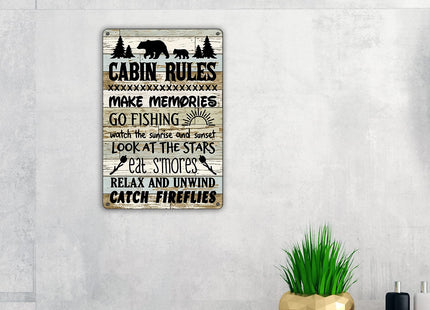 QIONGQI Funny Cabin Rules Metal Tin Sign Wall Art Decor, Farmhouse Wooden Style Cabin Sign for Home Decor Gifts