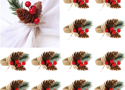 Christmas Napkin Rings Set of 12 Evergreen Snowy Pinecone Red Berry