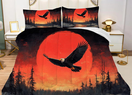 Albideyaa Red Sun Sunset Sky Landscape Comforter Set Twin Size Eagle Flying Over River Forest Print Bedding Set Soft Texture 3D Bald Eagle Pattern Quilt Set with 1Pillowcase