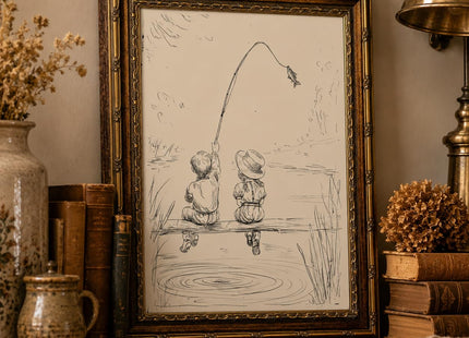 Vintage Gold Framed Wall Art, child Fishing Sketch Canvas Print, 16x12 In