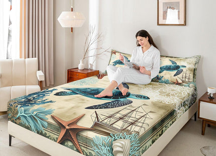 3D Sea Turtle Bedding Set for Boys Kids Girl Ocean Beach Themed 3 Piece Fitted Sheet Children Teens Retro Tortoise Bed Sheet Set Hawaiin Reptile Turtle Printed Bed Cover for All Seasons,Blue,Full