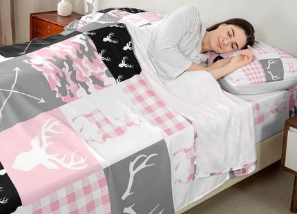 Camo Kids Sheet Twin,Deer Antler Silhouette Pink Camouflage Bedding Set for Boys Girls New Year Xmas Decor,Wild Animals Rustic Arrow Geometric Lattice Bed Sheet Set 3pcs(Fitted + Flat + 1 Pillowcase)