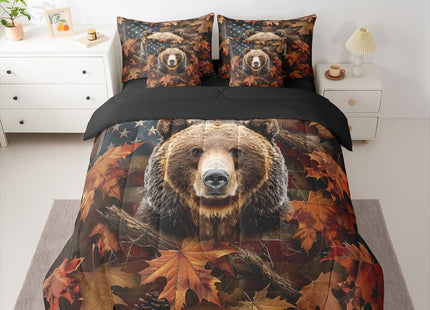 Feelyou Hunting Camo Bear Comforter Set Queen Size 7 Pieces Realistic Tree American Flag Bear Bedding Set Kids Adult Rustic Farmhouse Bed in a Bag with Comforter, Sheets, Pillowcases, Cushion Covers