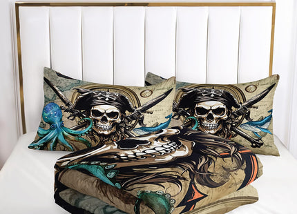 AILONEN 3D Pirate Captain Skull Comforter Set Twin Size, Octopus Dolphin Bedding Set for Kids Boys Girls,Nautical Theme Bed in a Bag Duvet Set,1 Quilt and 2 Pillowcases,3PCS
