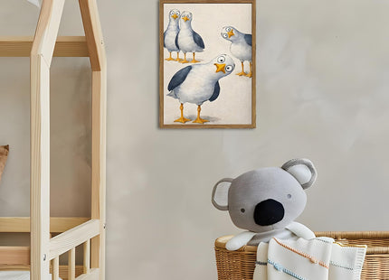 Funny Seagull Nursery Wall Art, Cute Bird Kids Room Wall Decor Painting Whimsical Coastal Animal Poster Canvas Prints Picture for Bedroom Living Room Bathroom 12x16 inch Wood Framed