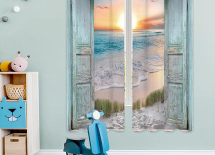 Beach Coastal Short Small Ocean Teal Living Room Bedroom Window Curtains