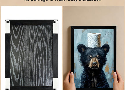 Framed Funny Black Bear Bathroom Canvas Wall Art Adorable Bear with Toilet Paper Painting picture Wall Decor Cute Animal Poster Print Artwork for Bathroom Modern Nursery Humor Home Decor 12x16 in