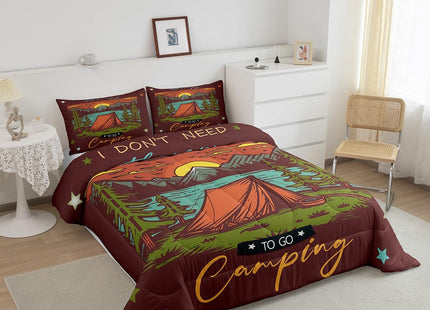 Erosebridal Rustic Camper Comforter Set Twin for Kids Adults,Camping Tent Bedding Set Retro Adventure Room Decor,Mountain River Pine Tree Comforter Set Nature Scene Quilt Bed Set with 1 Pillow Case