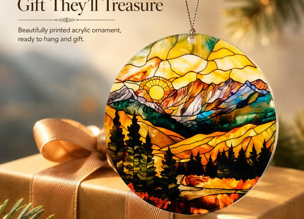 Mountain Landscape Christmas Ornament, Rustic Cabin Decor with Forest Pine Trees Lake Scenery, Tiffany Stained Glass Inspired Outdoor Adventure Hanging Decoration, Nature Lover Gift for Christmas Tree