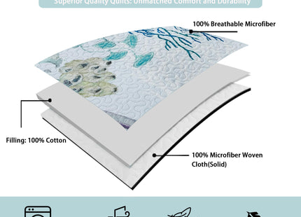 Tritard 3 Piece Coastal Beach Quilt Set King Size Ocean Beach Themed Bedding Set Microfiber Lightweight Bedspread Coverlet with 2 Shams Starfish Coral Seashell Bed Covers for All Season, 106''x96''