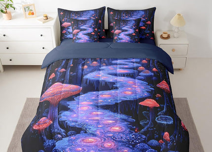 Erosebridal Mushroom 7 Pcs Comforter Set Queen Size,Dreamy Woodland Bed in a Bag with Flat Sheet and Fitted Sheet for Kids Teens Adult,Glitter Red Teal Bedding Set with Pillowcase and Sham Reversible