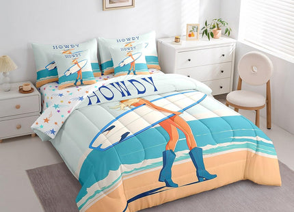 Erosebridal Coastal Cowgirl Twin Bedding Set 7 Piece for Girls,Surfing Surfer Girl Comforter Set with Sheets for Kids Teen,Ocean Surf Surfboard Bed in a Bag,Western Cowgirl Fitted Flat Sheet