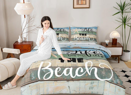 Castle Fairy Beach Life Comforter Set Twin Size Blue Green Rustic Farmhouse Bedding for Decor Starfish Cabin Wood Stripes Print Quilted Duvet Beach Camper Insert 2pcs(CYJS9694ZMD-BZ_USt)