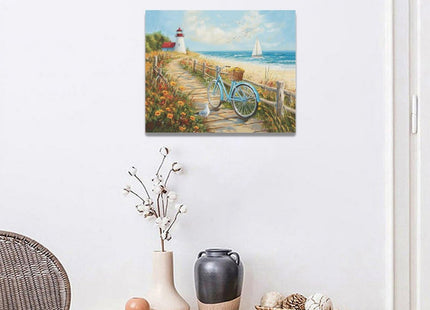 Olivine Coastal Wall Art, Beach Bicycle Pictures Wall Decor, Lighthouse Painting, Ocean Seascape Canvas Prints, Framed Artwork for Living Room Bedroom Bathroom Kitchen Office Home Decoration 20"x16"